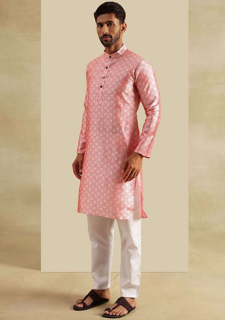 Peach Embroidered Poly Blend Kurta Set For Men - Indya