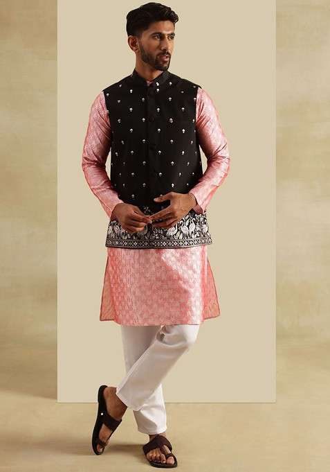 Peach Embroidered Poly Blend Kurta Set For Men