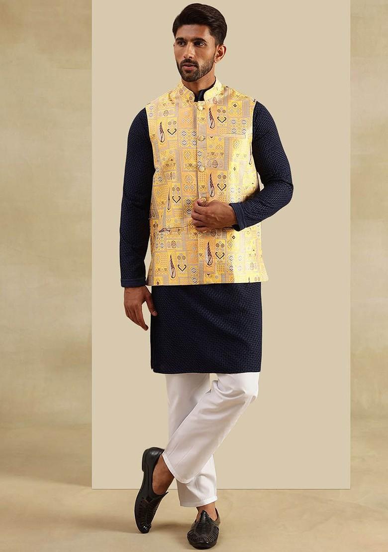 Navy Blue Checked Cotton Kurta Set For Men