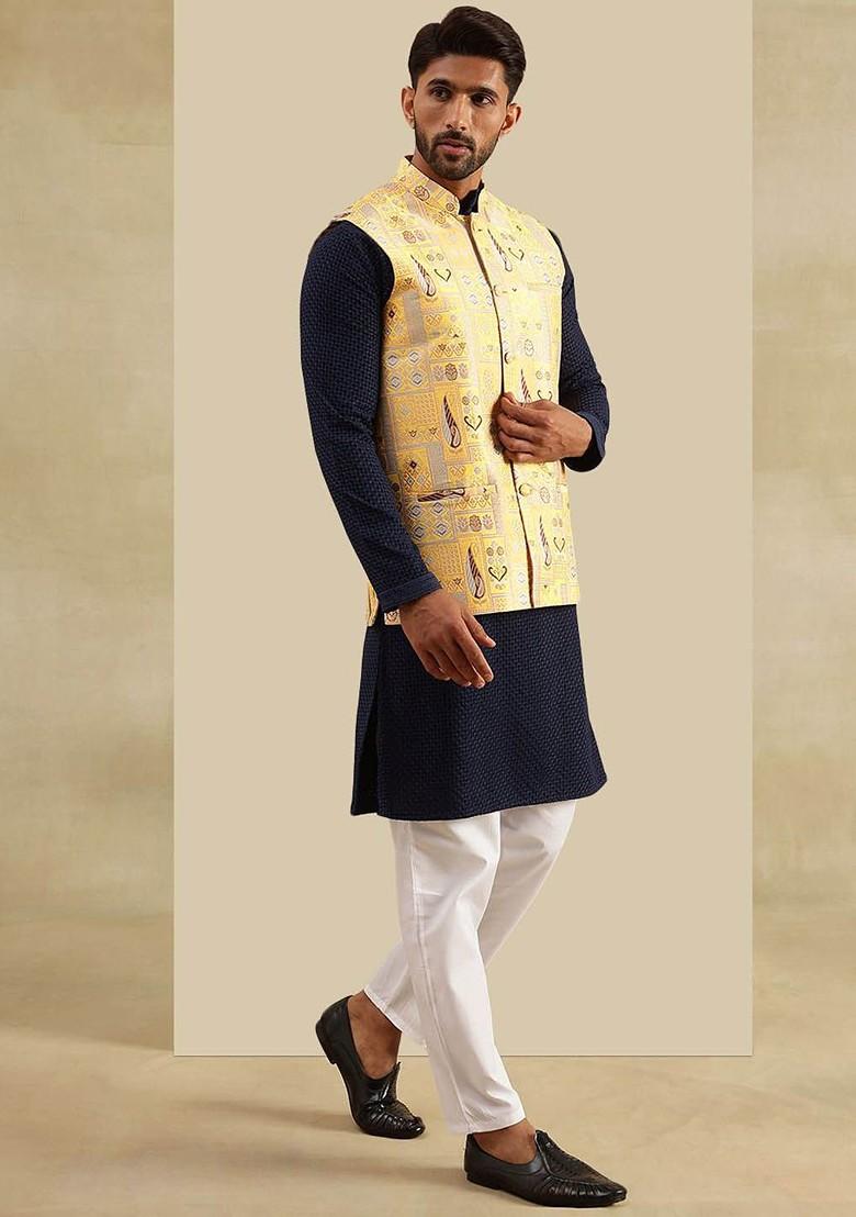 Navy Blue Checked Cotton Kurta Set For Men