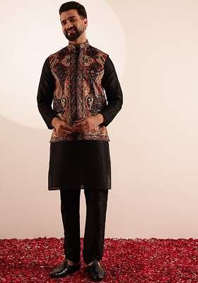 Black Printed Poly Blend Kurta Set For Men