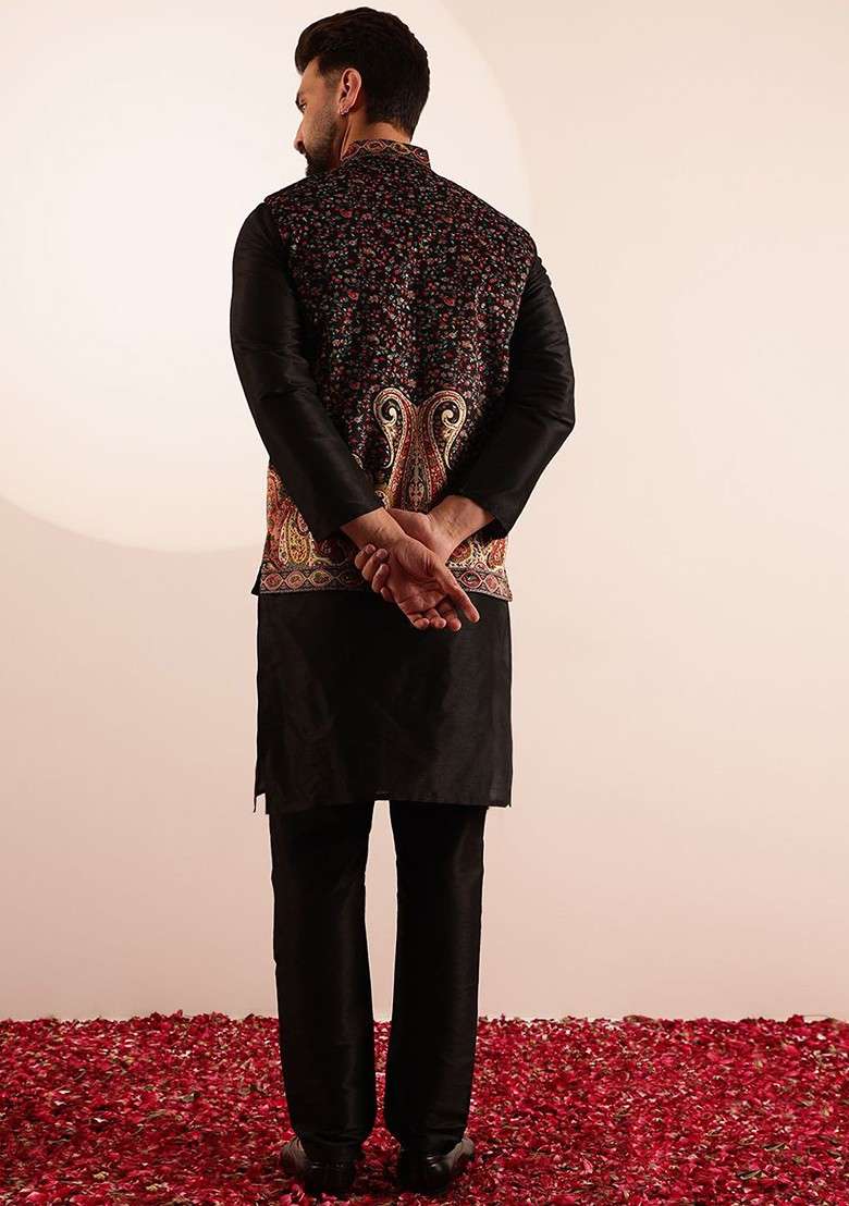 Black Printed Poly Blend Kurta Set For Men - Indya