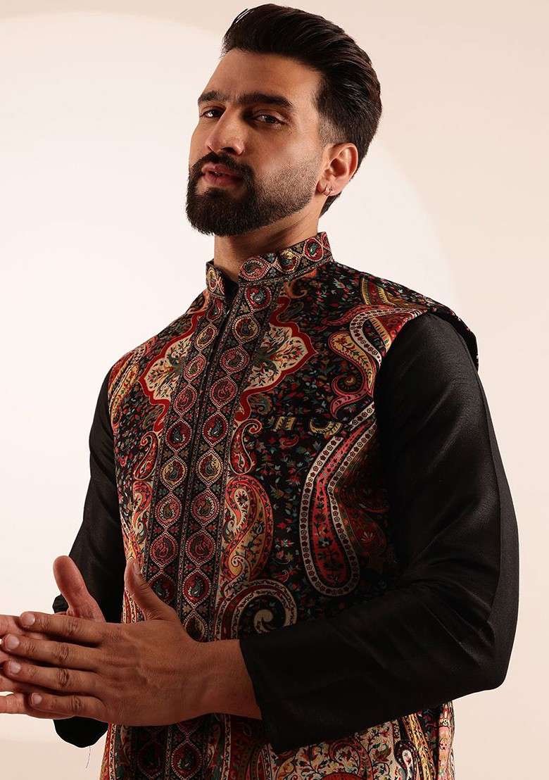 Black Printed Poly Blend Kurta Set For Men - Indya