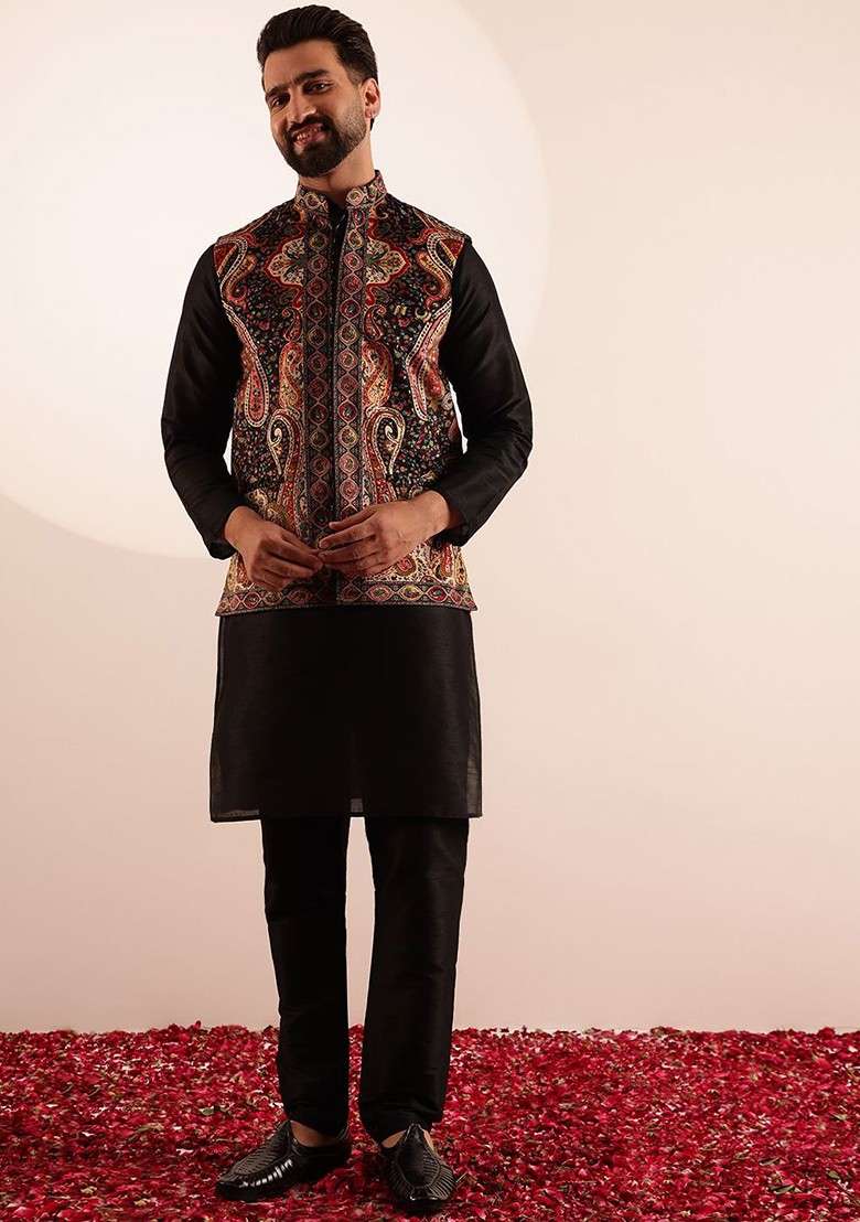 Black Printed Poly Blend Kurta Set For Men - Indya