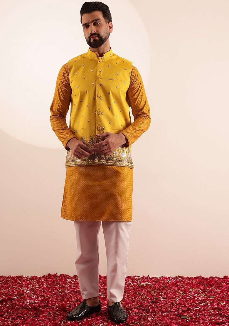 Mustard Embroidered Cotton Kurta Set For Men - Indya