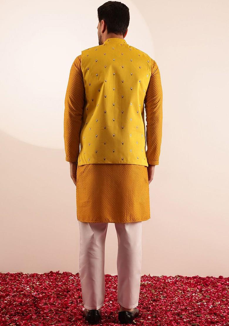 Mustard Embroidered Cotton Kurta Set For Men