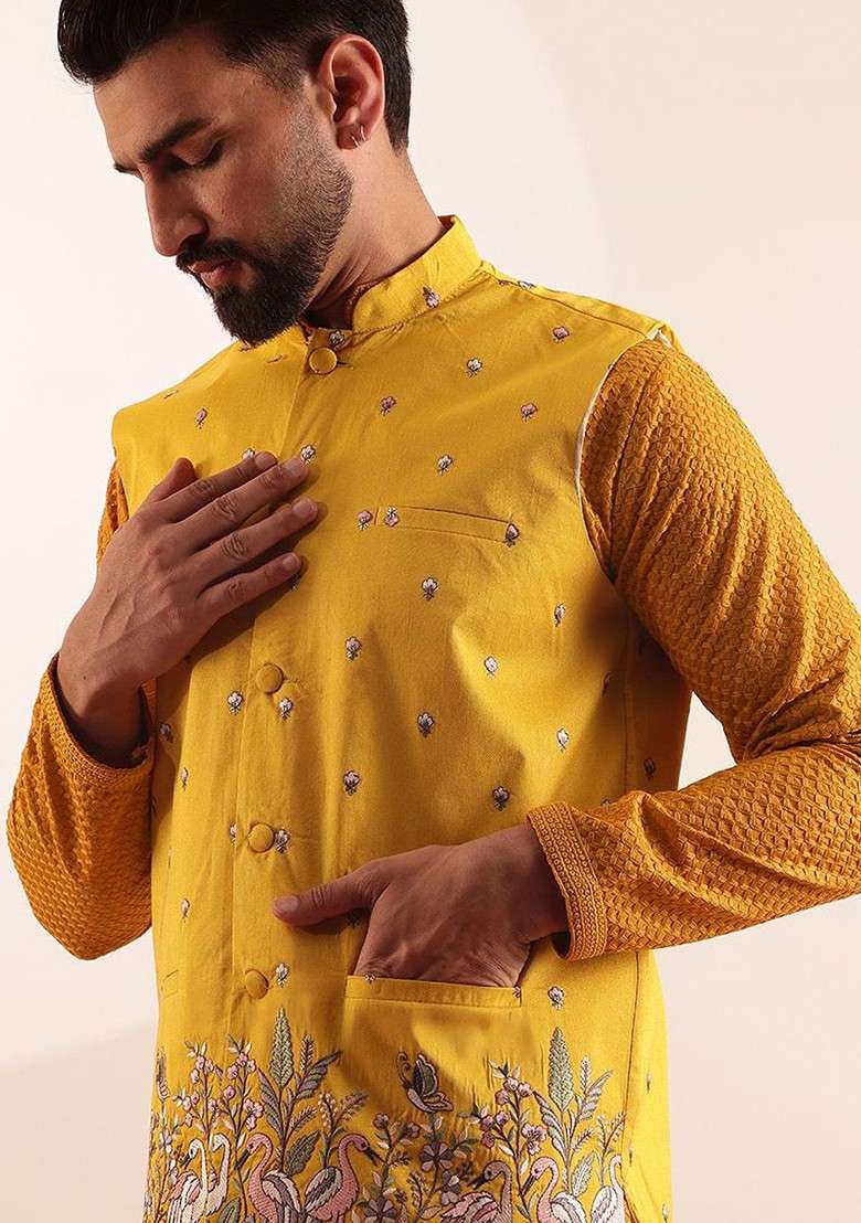 Mustard Embroidered Cotton Kurta Set For Men - Indya