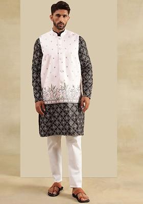 Black Printed Poly Blend Kurta Set For Men