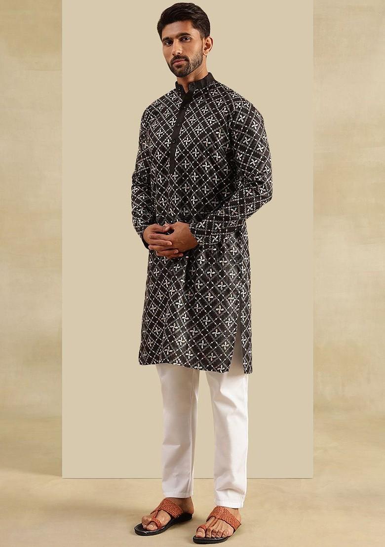 Black Printed Poly Blend Kurta Set For Men