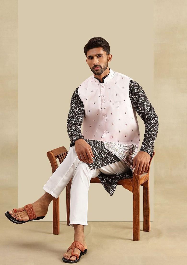 Black Printed Poly Blend Kurta Set For Men