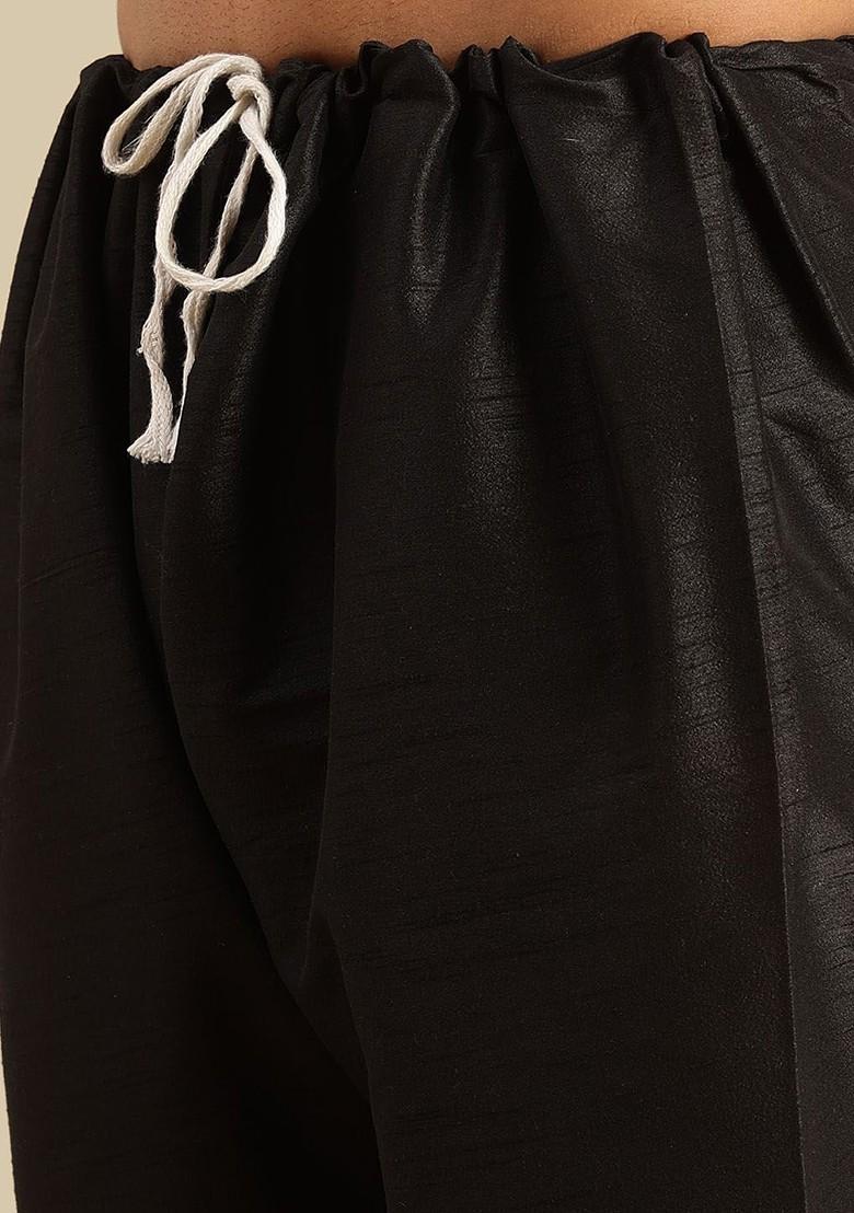 Black Solid Silk Kurta Set For Men