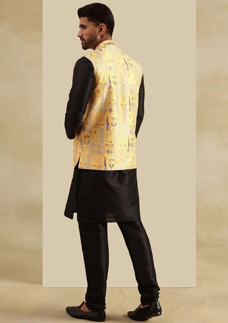 Black Solid Silk Kurta Set For Men