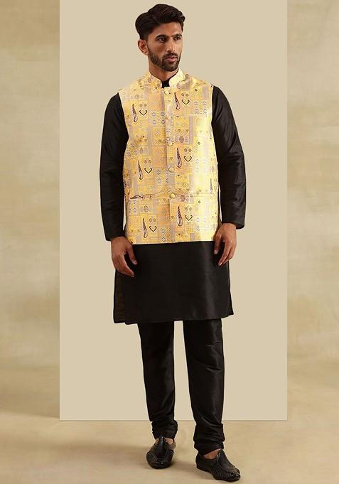 Black Solid Silk Kurta Set For Men