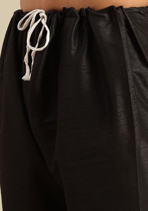 Black Solid Silk Kurta Set For Men