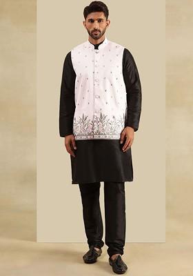 Black Embroidered Silk Kurta Set For Men