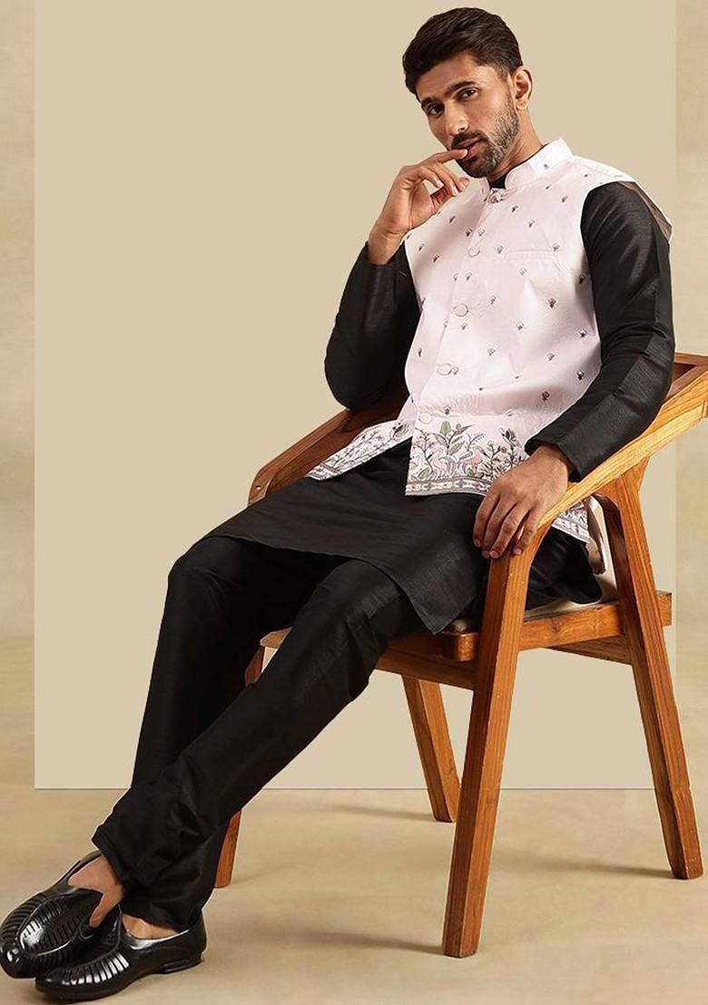 Black Embroidered Silk Kurta Set For Men