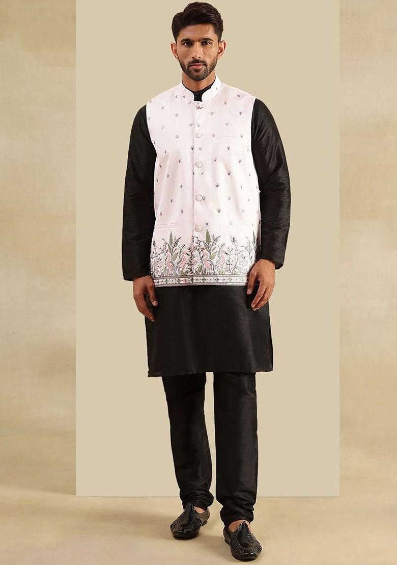 Black Embroidered Silk Kurta Set For Men