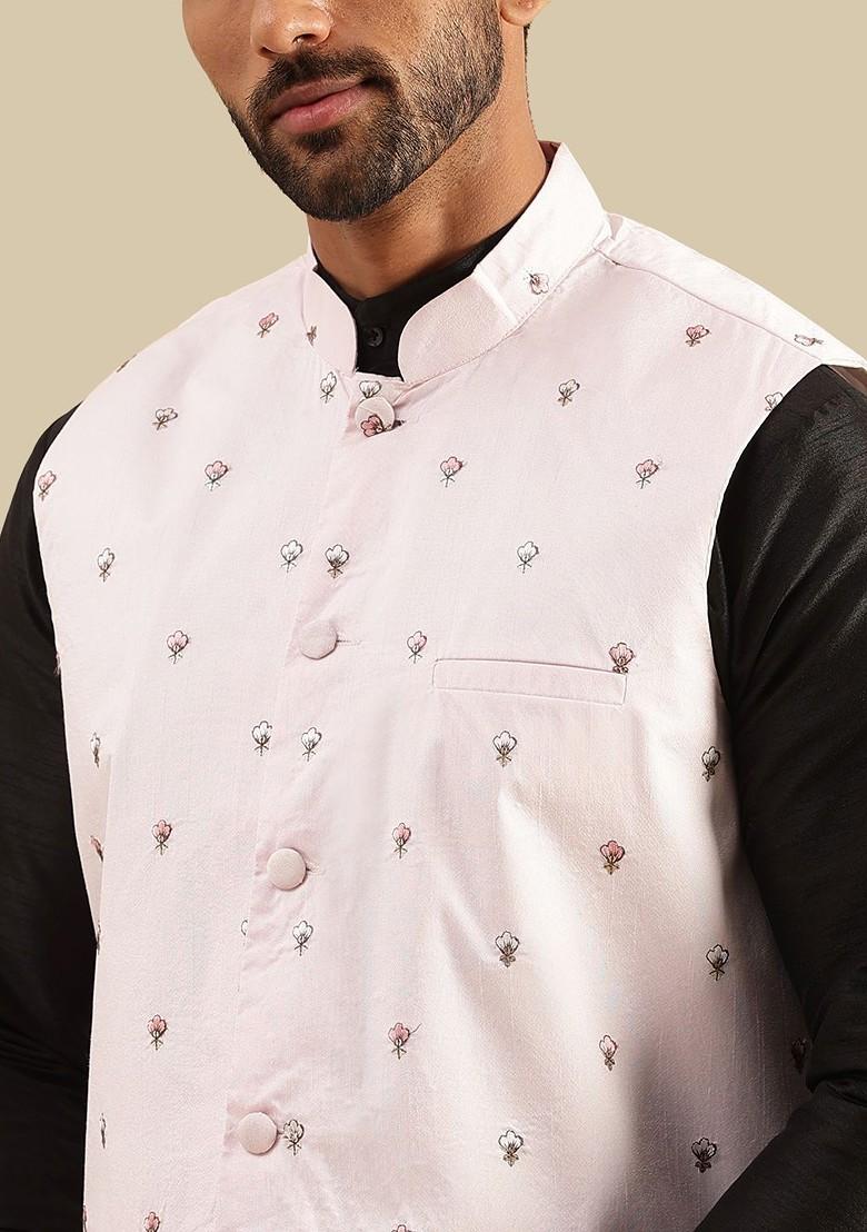 Black Embroidered Silk Kurta Set For Men