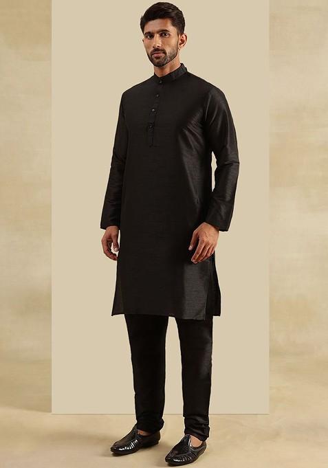 Black Embroidered Silk Kurta Set For Men