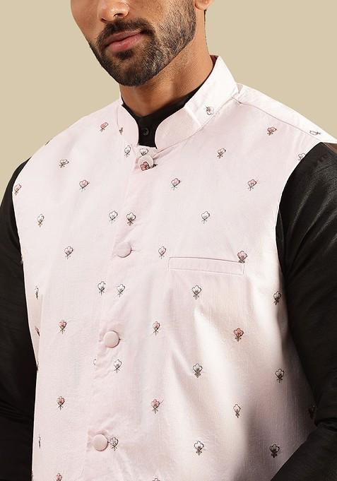 Black Embroidered Silk Kurta Set For Men