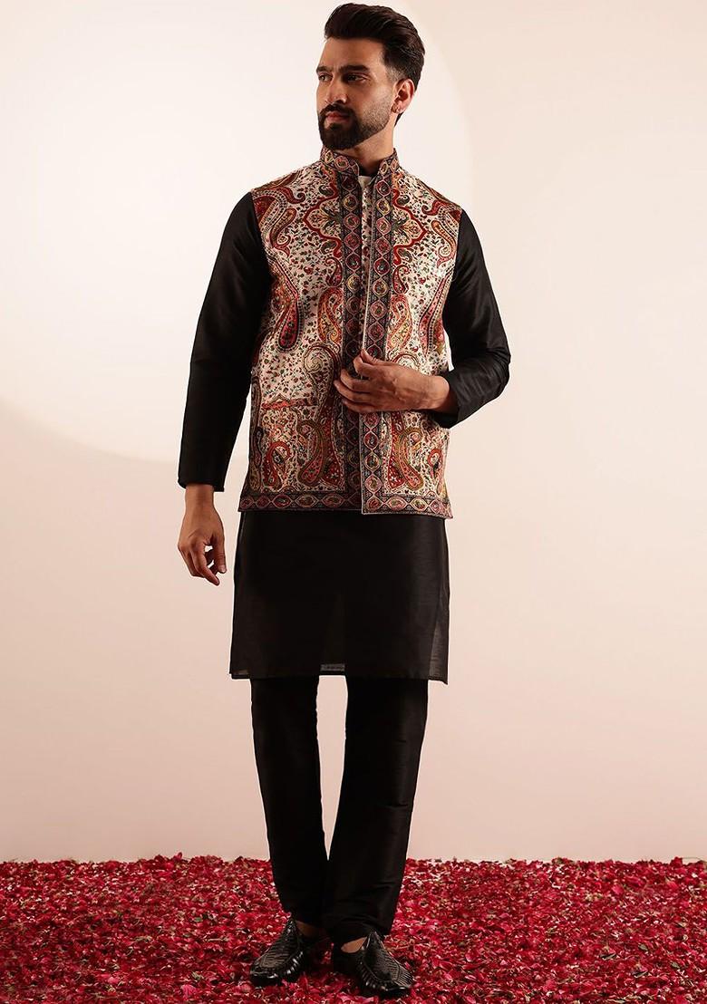 Black Solid Silk Kurta Set For Men