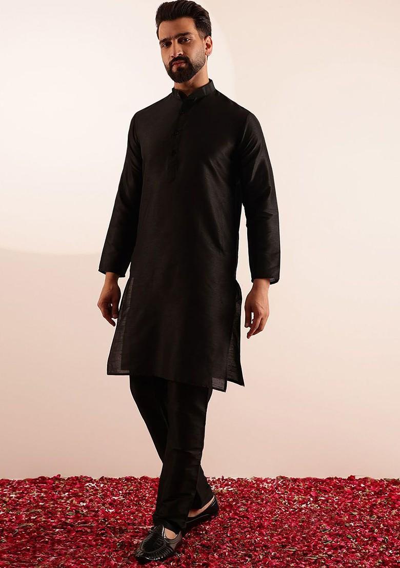 Black Solid Silk Kurta Set For Men
