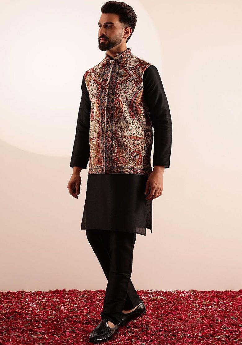 Black Solid Silk Kurta Set For Men