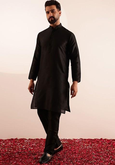 Black Solid Silk Kurta Set For Men