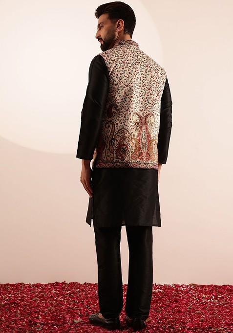 Black Solid Silk Kurta Set For Men