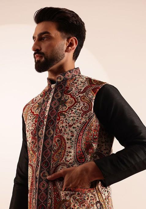 Black Solid Silk Kurta Set For Men