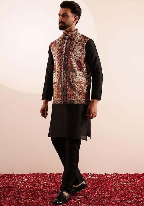 Black Solid Silk Kurta Set For Men
