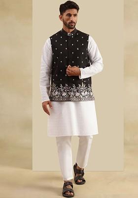 White Embroidered Cotton Kurta Set For Men