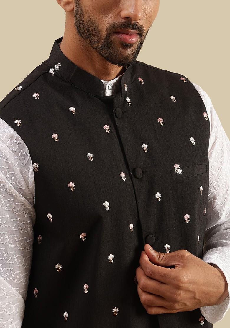 White Embroidered Cotton Kurta Set For Men