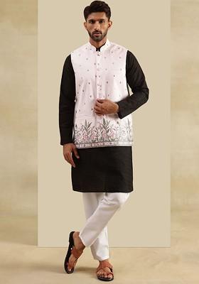Black Embroidered Cotton Kurta Set For Men