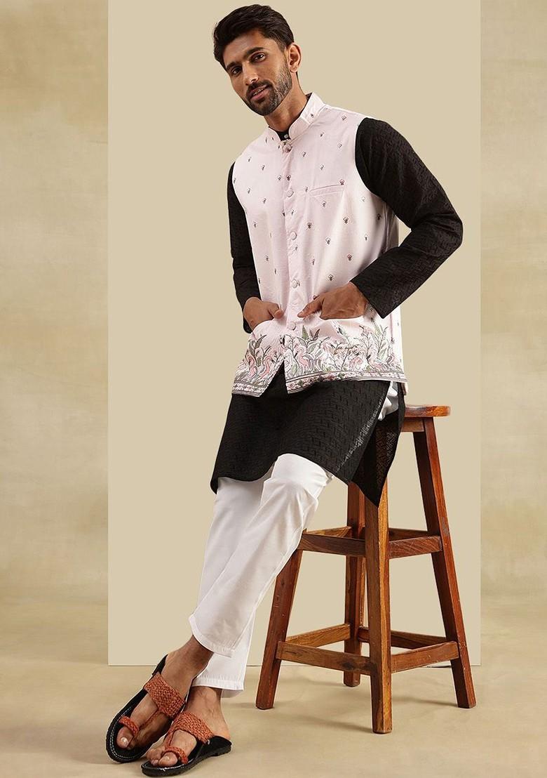 Black Embroidered Cotton Kurta Set For Men