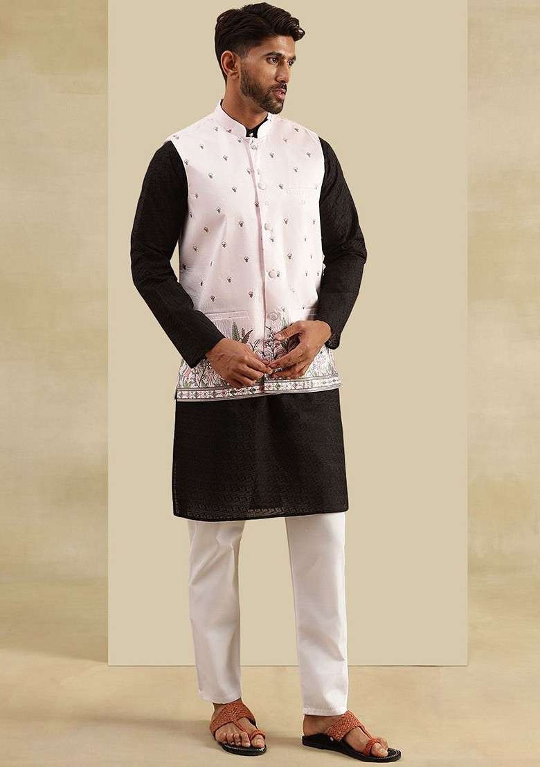 Black Embroidered Cotton Kurta Set For Men - Indya