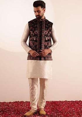 Cream Solid Silk Kurta Set For Men