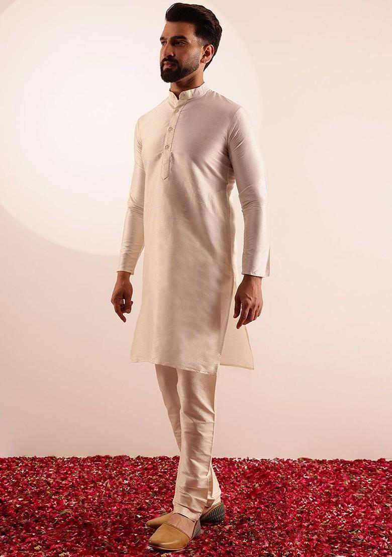 Cream Solid Silk Kurta Set For Men