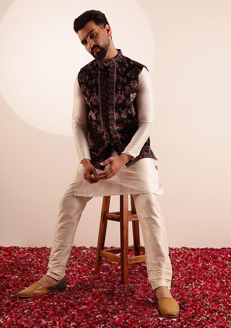 Cream Solid Silk Kurta Set For Men