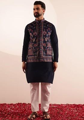 Navy Blue Checked Cotton Kurta Set For Men