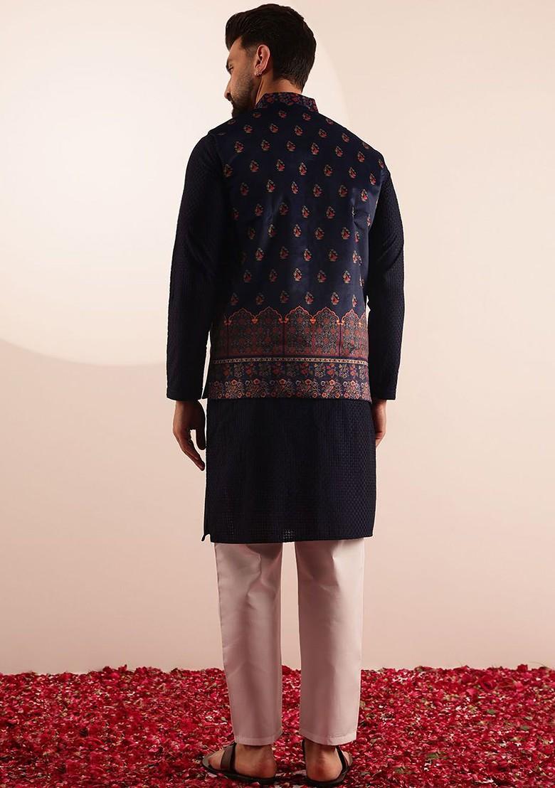 Navy Blue Checked Cotton Kurta Set For Men