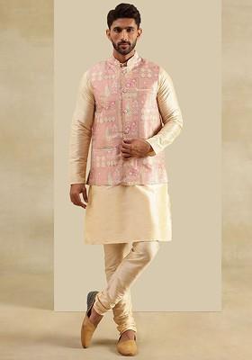 Gold Solid Silk Kurta Set For Men