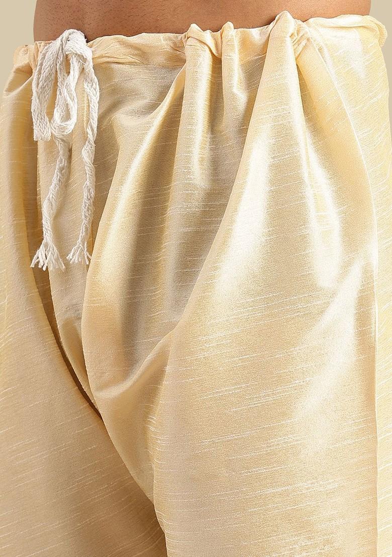 Gold Solid Silk Kurta Set For Men