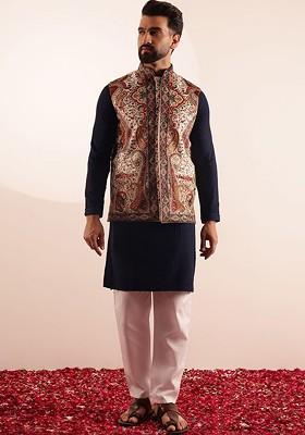 Navy Blue Checked Cotton Kurta Set For Men