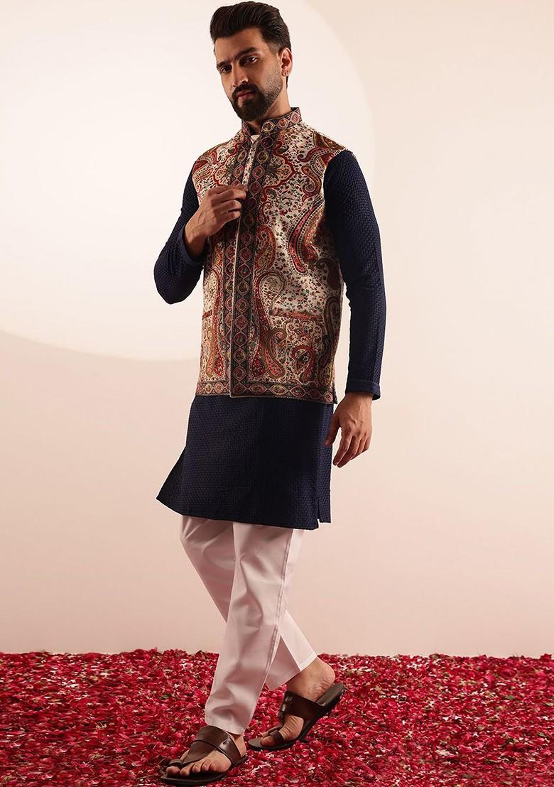 Navy Blue Checked Cotton Kurta Set For Men