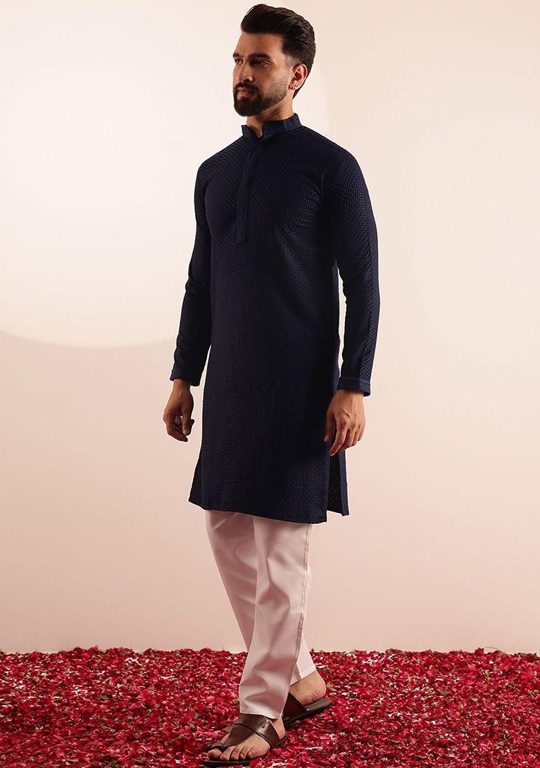 Navy Blue Checked Cotton Kurta Set For Men