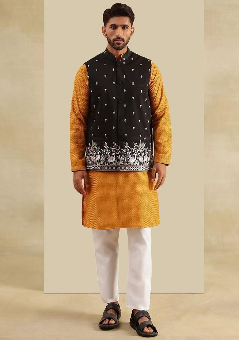 Black Embroidered Cotton Kurta Set For Men