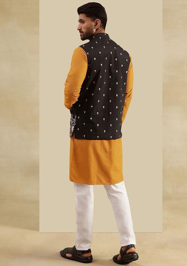 Black Embroidered Cotton Kurta Set For Men