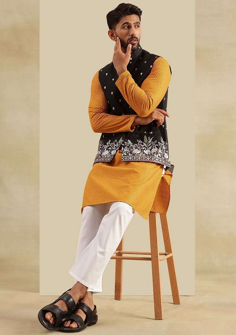 Black Embroidered Cotton Kurta Set For Men - Indya