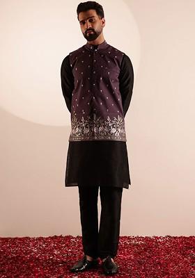 Black Solid Silk Kurta Set For Men